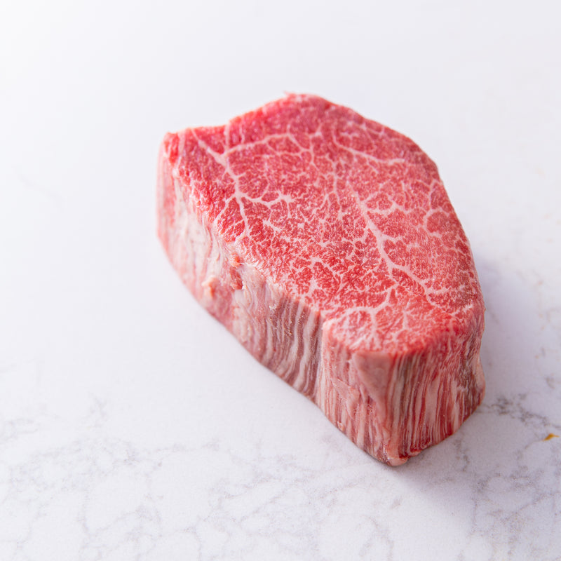 Angled View of a Japanese Wagyu (Kobe) Tenderloin Steak from The Butcher Shoppe