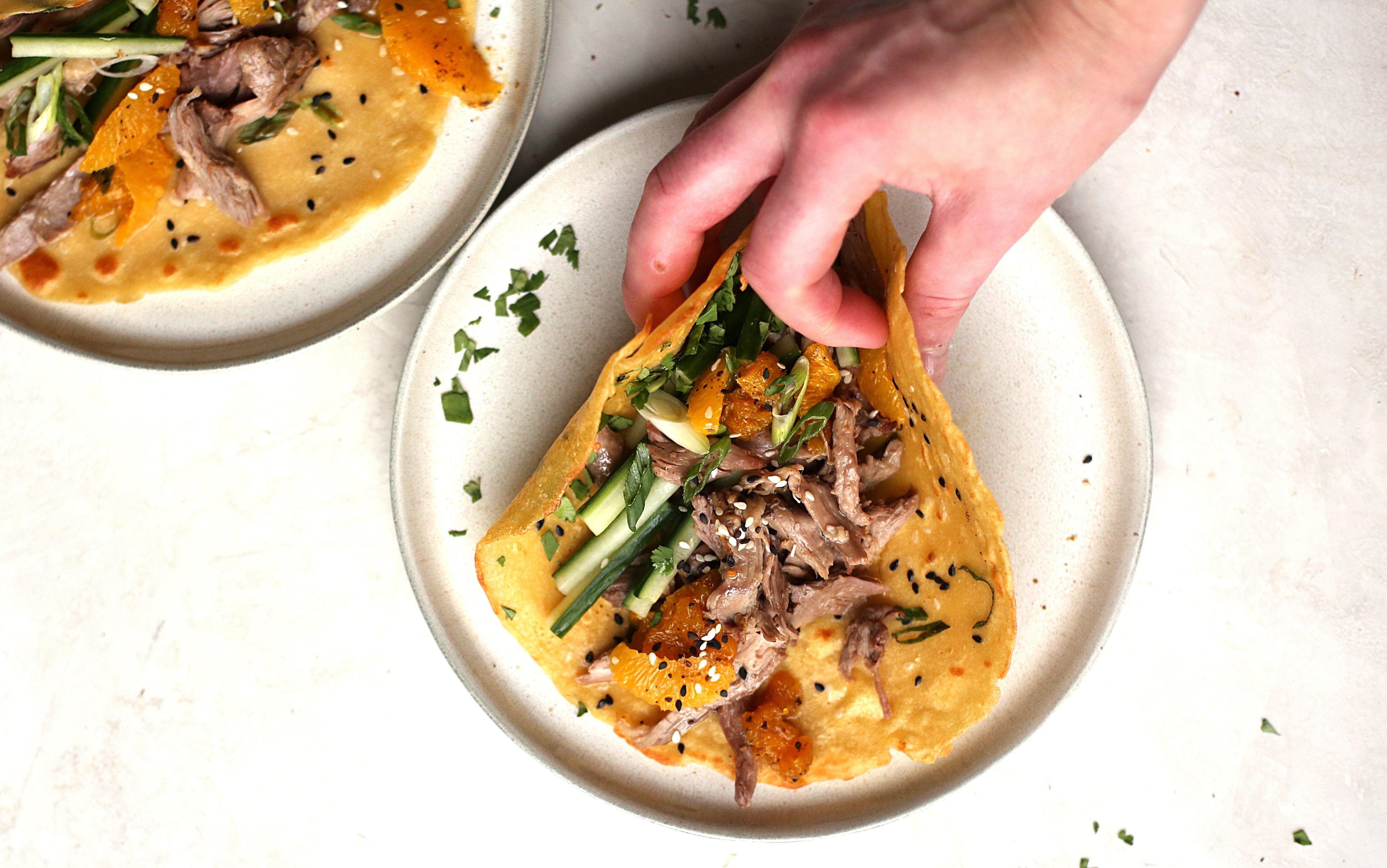 5 Spice Duck with Sesame Scallion Crepes