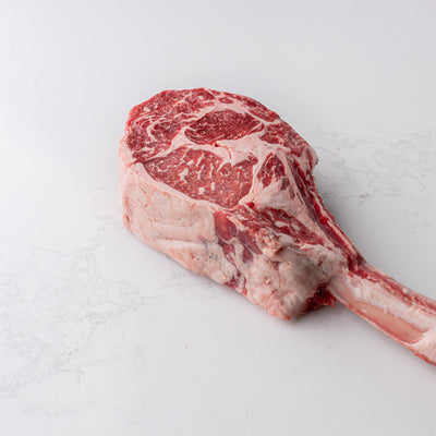 An appealing sight of a natural and locally sourced tomahawk steak, labeled as number 5, showcased at The Butcher Shoppe.