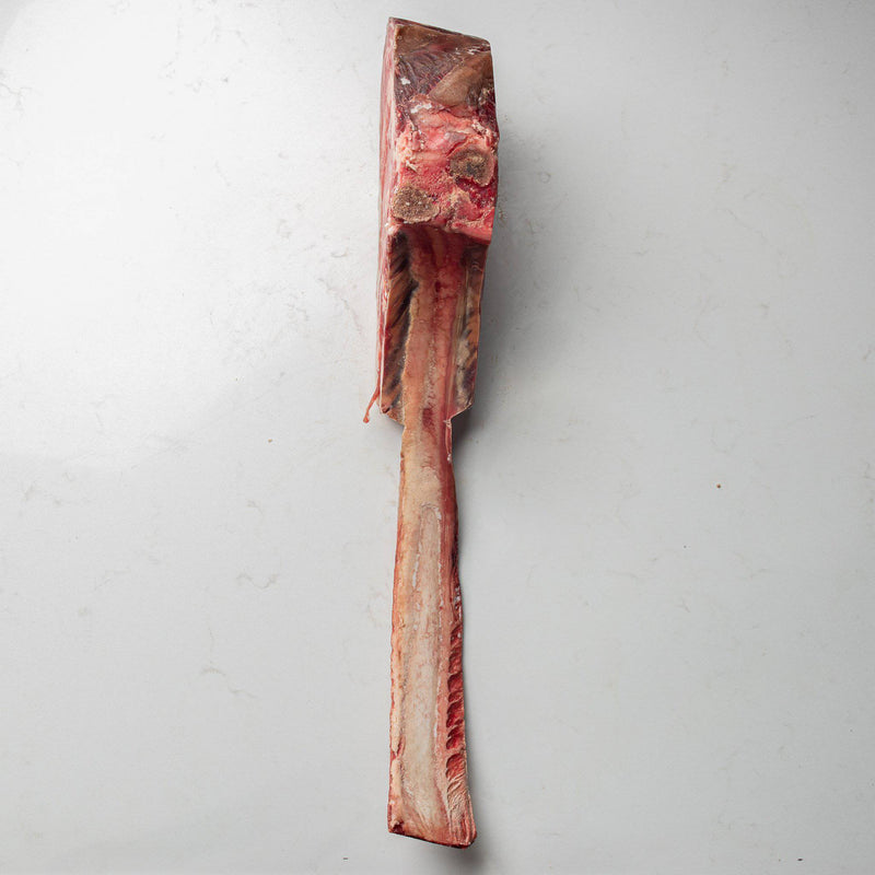Side View of an Angus Dry Aged Tomahawk Steak from The Butcher Shoppe