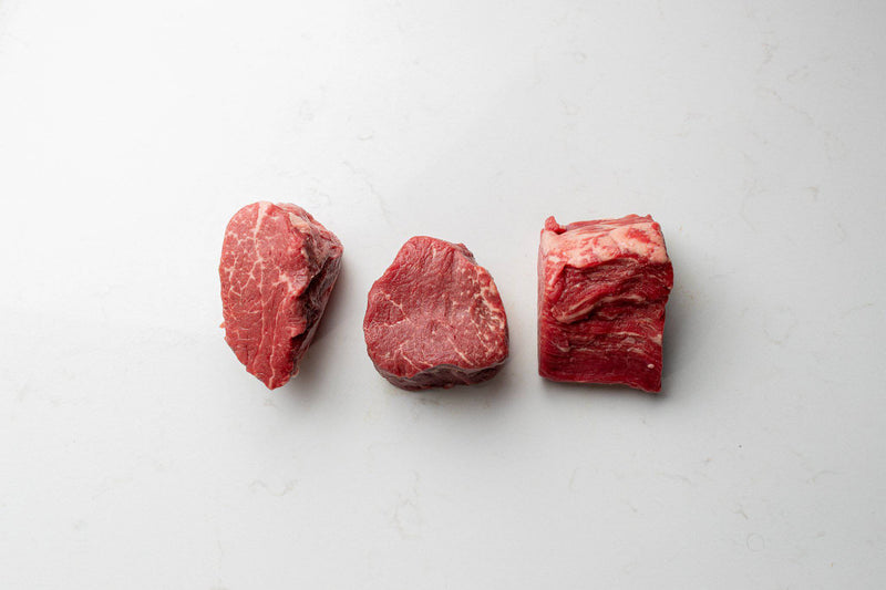 Three Prime Tenderloin Steaks Aligned at Different Angles from The Butcher Shoppe